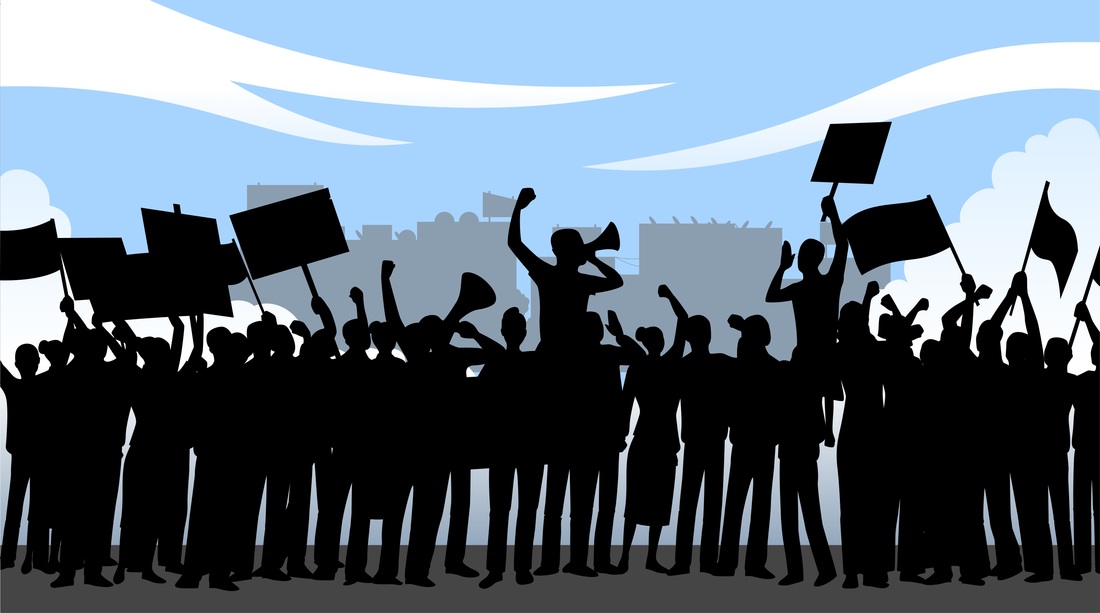 Graphic image of a crowd of people standing around. Some have fists up, some are holding signs or flags, and a couple of them are holding megaphones.