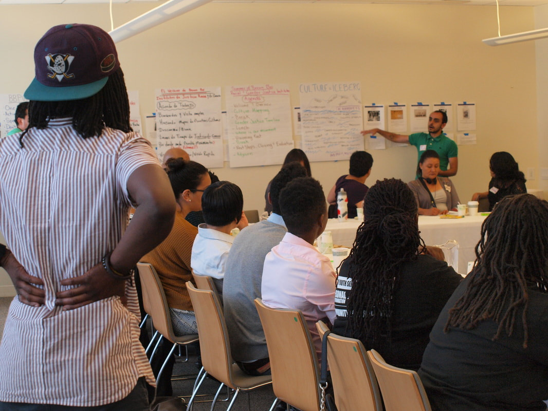 Picture of a training session. There is a person at the foreground on the left with their back to the camera observing. In front of them are about a dozen individuals seated around a conference table. Standing behind them is T.J. pointing to notes on the wall and facilitating the training